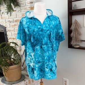 Lands End Terry Cloth Blue Tie-Dye Hoodie swim coverup with Front Pocket, S/M